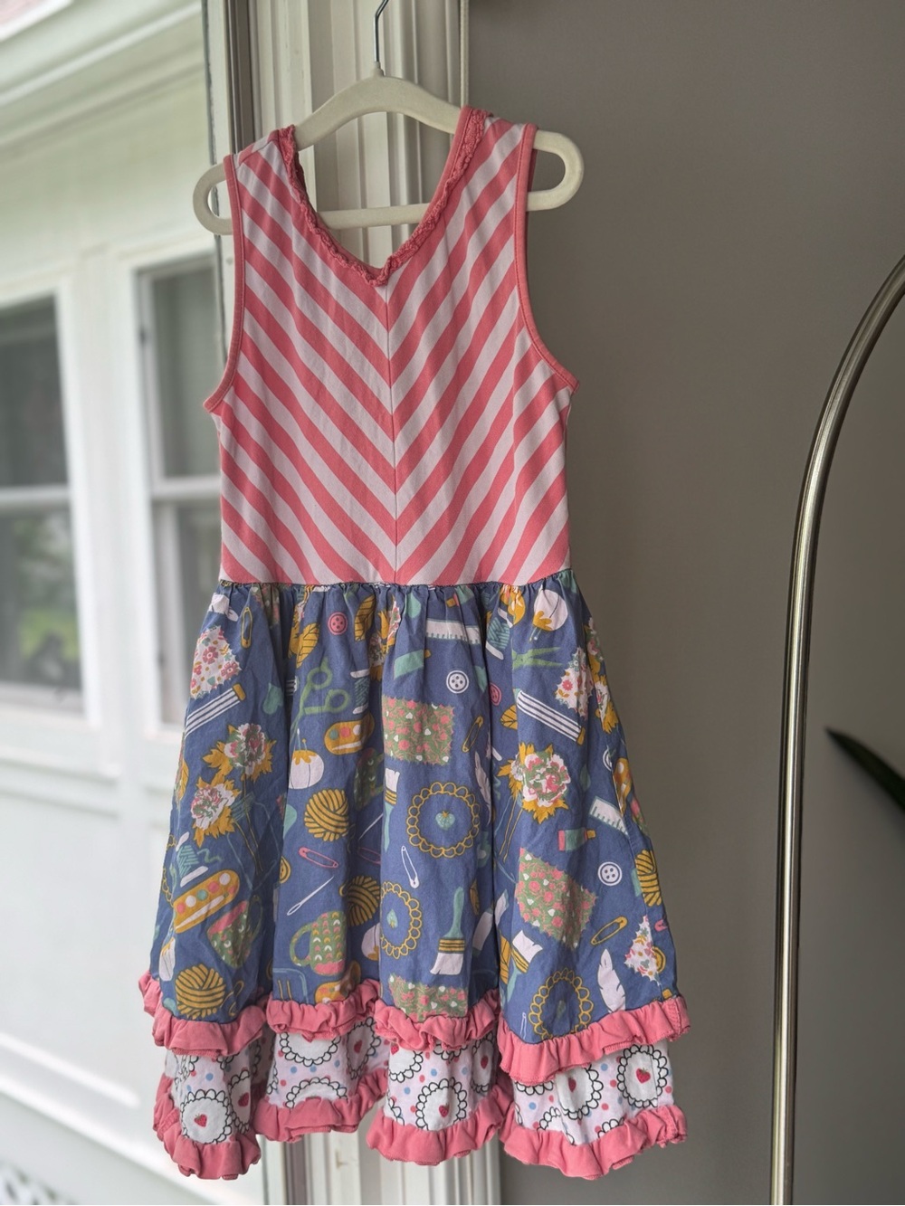 +NWOT Matilda Jane Work of Heart Tank Dress Pink Stripe Sewing Print Size 6